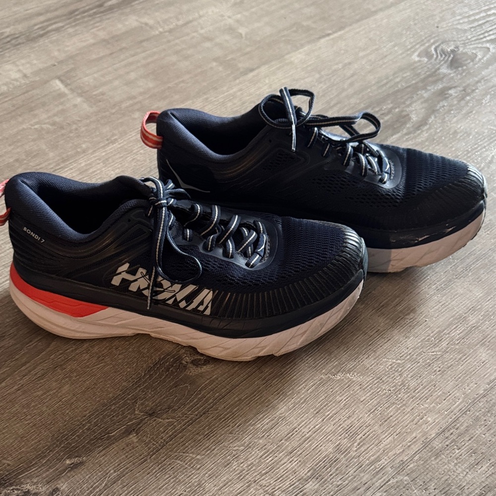 Hoka Bondi 7 Navy and White Sneakers with Orange Detail